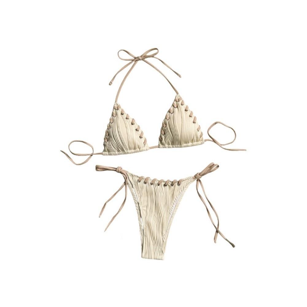 Lace Up Swimwear Set Ruffled Halter Neck Sling Swimsuit Simple Bikini Suit  Resort Wear