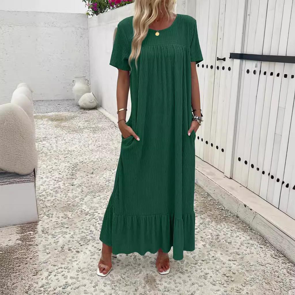 Damen Retro langes Kleid mit kurzen Ärmeln Rundhalsausschnitt lässig einfarbig Rüschensaum Kleid