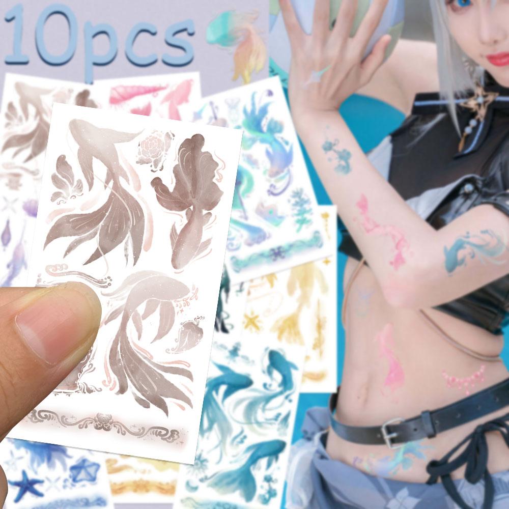 10sheets Colorful Brocarded Carp Fish Tattoo Stickers For Arm Body Hand Temporary Fake Waterproof Tattoo Stickers Students Gifts
