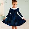 Girls White Fur Trim Long Sleeve Printed Navy Blue A Line Flared Dress
