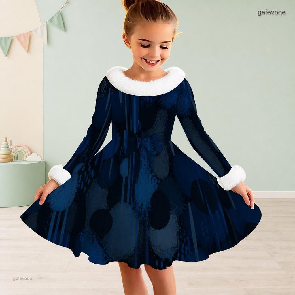 Girls White Fur Trim Long Sleeve Printed Navy Blue A Line Flared Dress