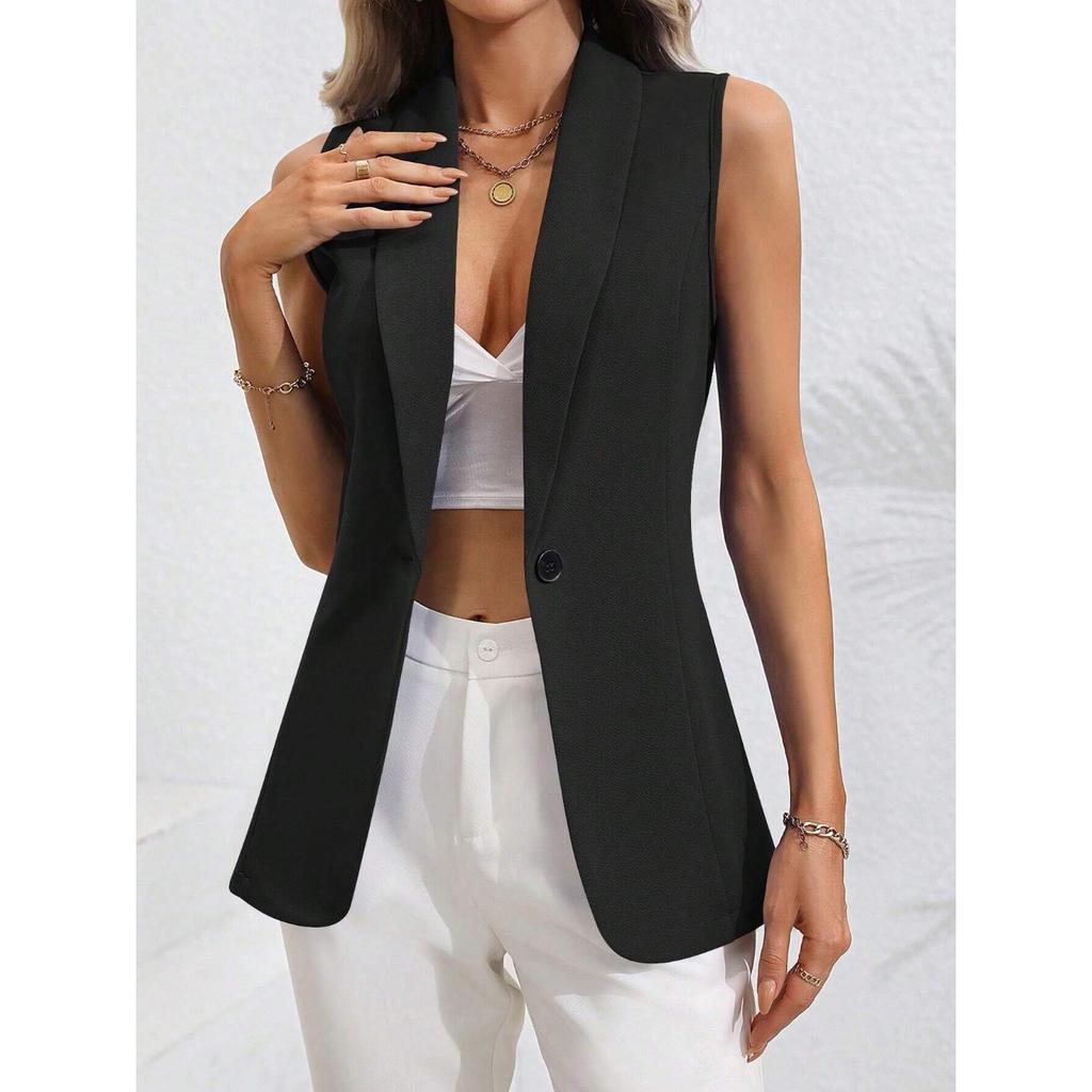 IHUASU Spring and Autumn Solid Color Cardigan Single Button Jacket Sleeveless Round Neck Coat for Women