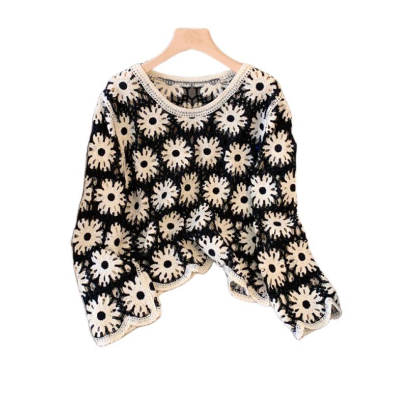 Women Clothing Chubby Girl Spring and Summer New Round Neck French Style Hollow Perspective Long Sleeve Knit Cover Up Sweater Sun Protection Shirt