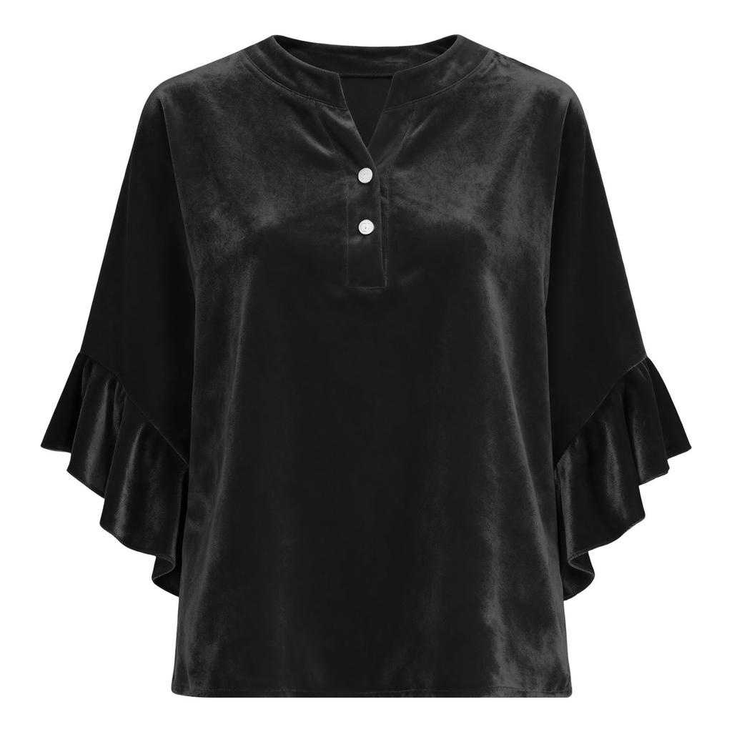 Women's Fashionable Color V-neck Seven Quarter Sleeve Button Versatile Loose Flared Sleeve Gold Velvet Pullover Top