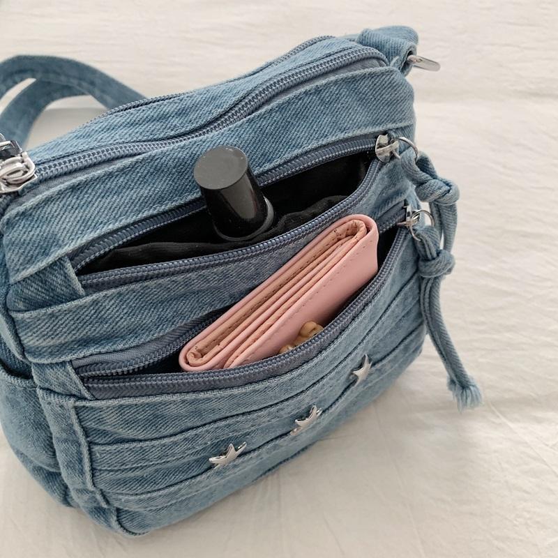 Womens Denim Crossbody Bag Casual Small Shoulder Purse Multi Zipper Handbag for Daily Use