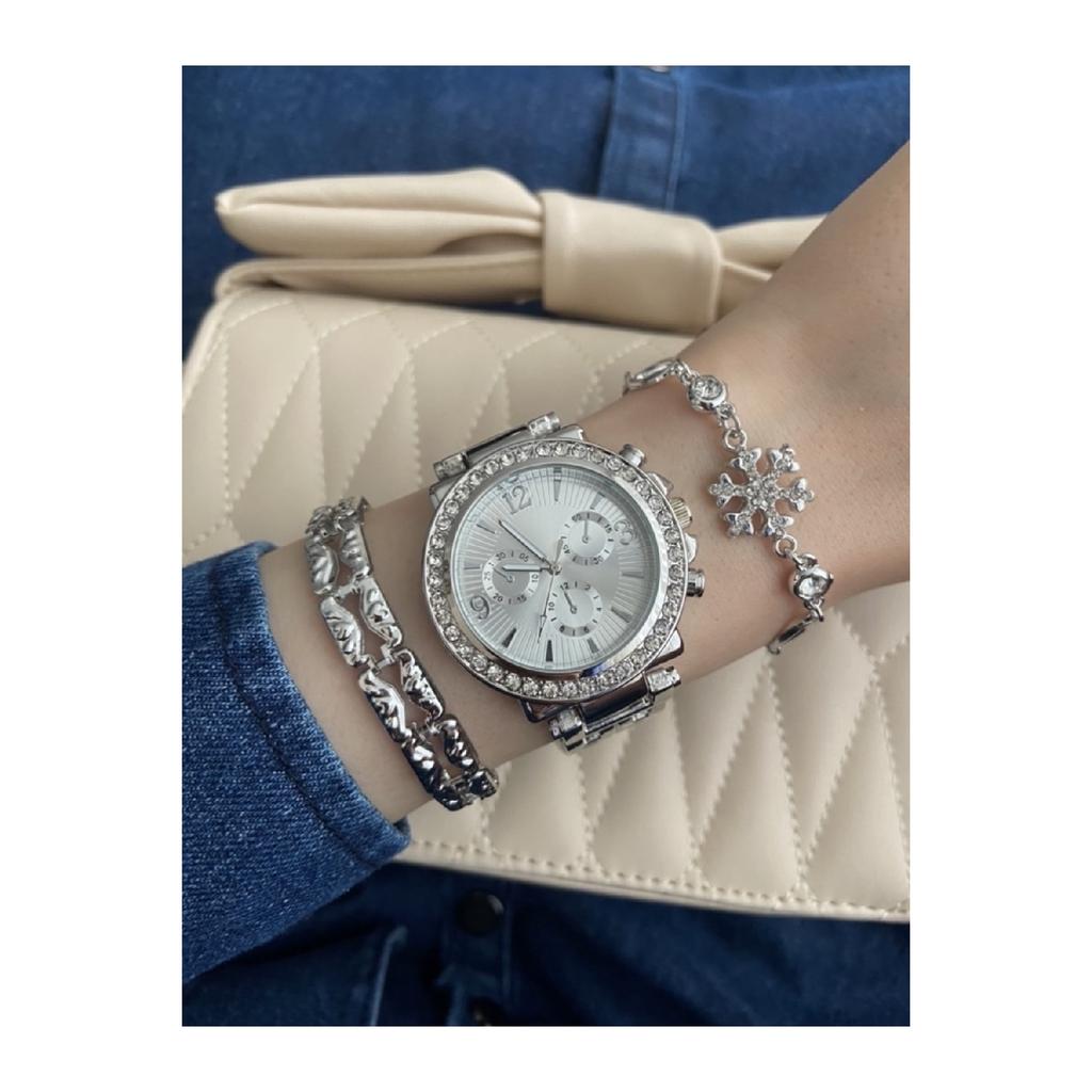 Goldfarbenes Metallarmband-Damenarmbanduhr und Kombinationsarmband-Set