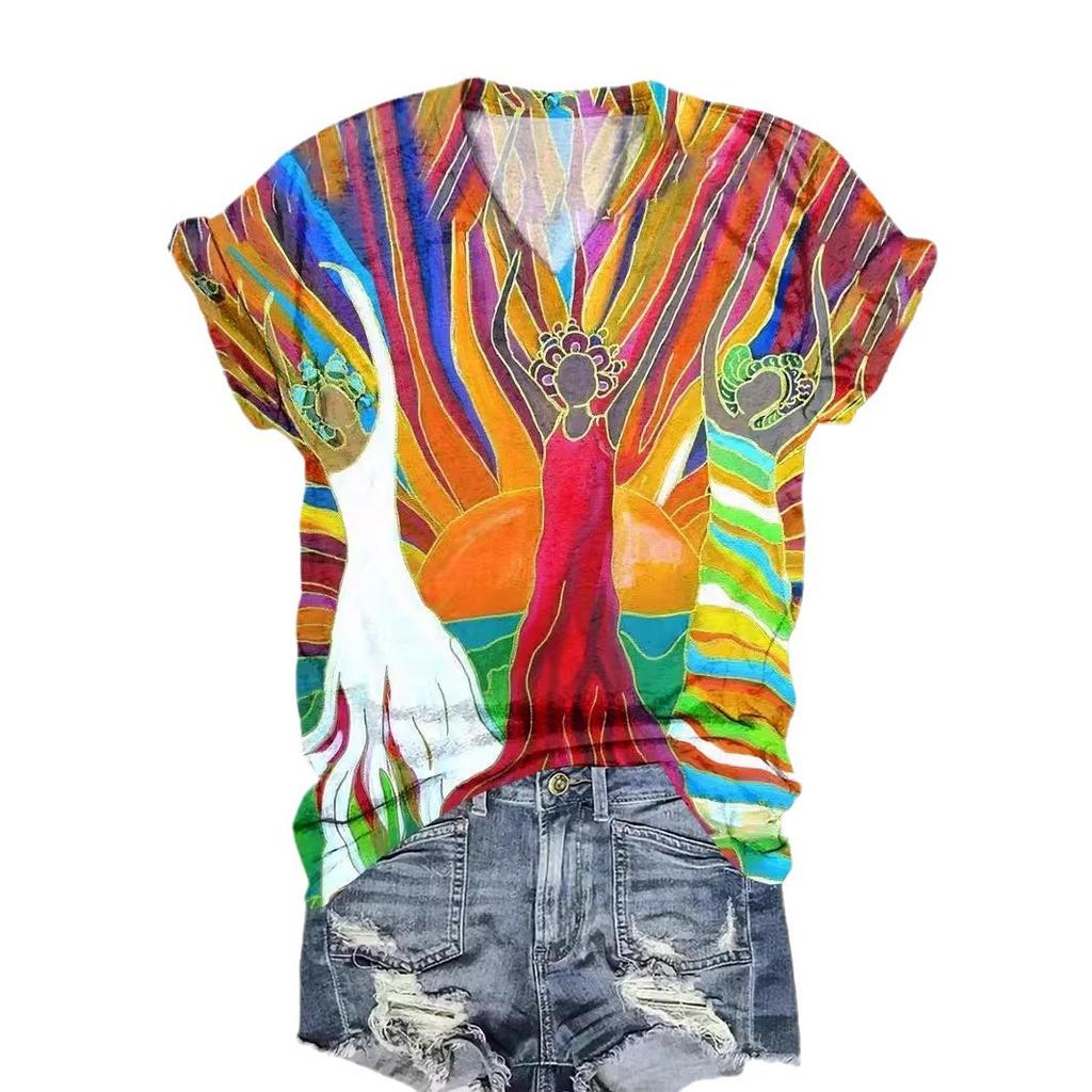 Damen 3D-Druck T-Shirt Kurzarm V-Ausschnitt Freizeit-Top für Sommer & Frühling T-Shirts