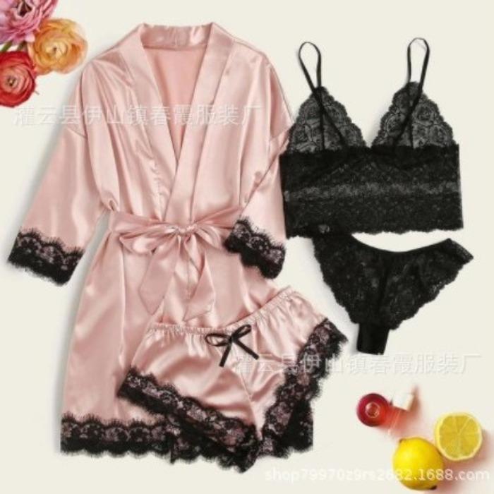 Elastyczny satynowy nowy seksowny komplet bielizny czteroczęściowy, komplet spódniczki z pasem do pończoch, odzież domowa wielokolorowy