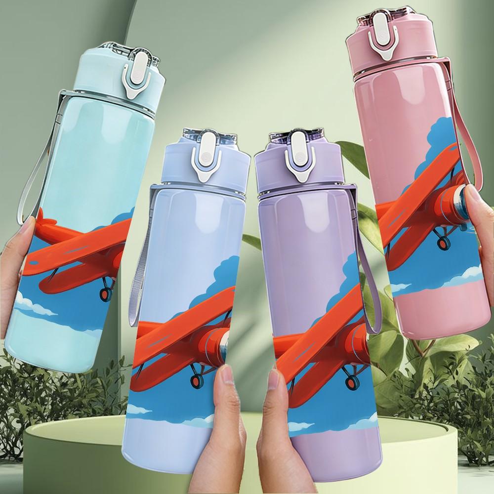 1PC Red Airplane Blue Sky Scene 750ml Color Plastic Sports Water Bottle Leakproof Flip Straw Lid For Sports Office Home Use