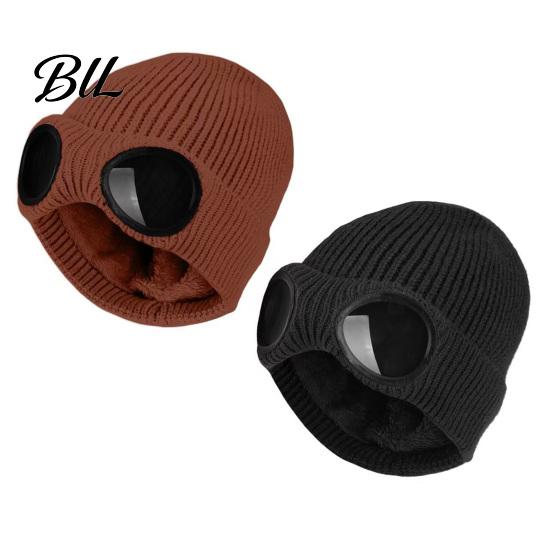 Casual Winter Accessory for Outdoor Activities 2Pcs Fleece Lined Hats with Goggles, Warm Knit Durable Cap Cold Weather Hats, Windproof Skiing Caps Men
