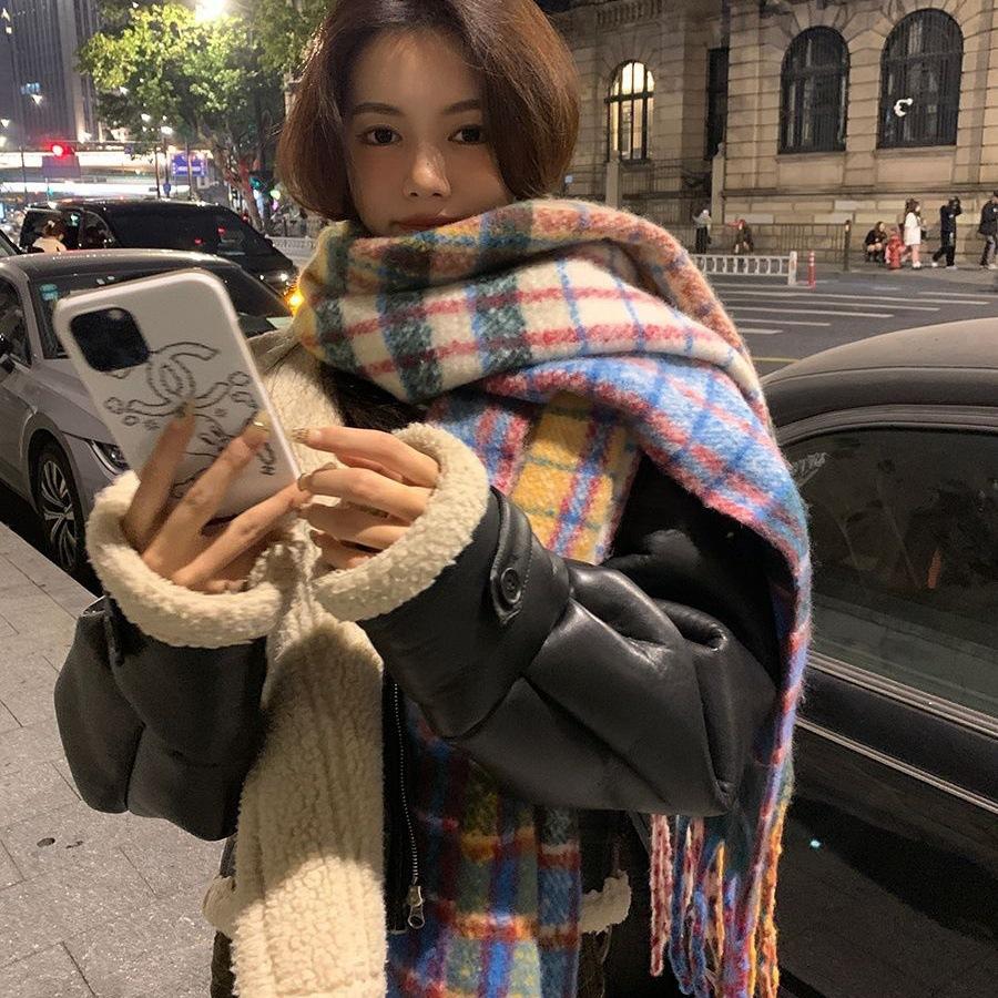 2024 Winter New Retro Rainbow Checkered Scarf Women'S Mohair Neck Thickened Warm Student Shawl
