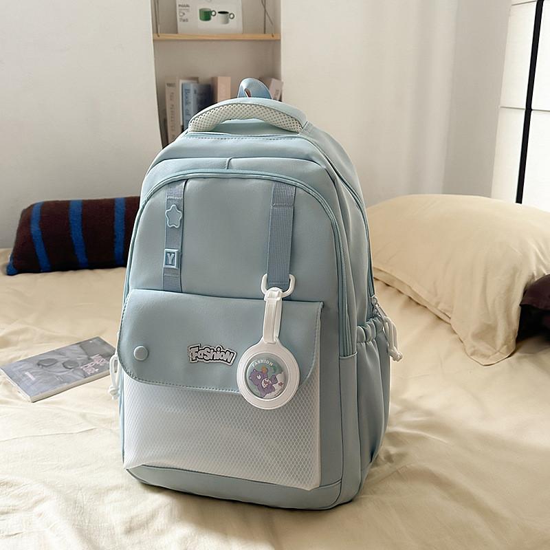Solid Color Simple Letter Print Student Backpack With Pendant For Daily Use