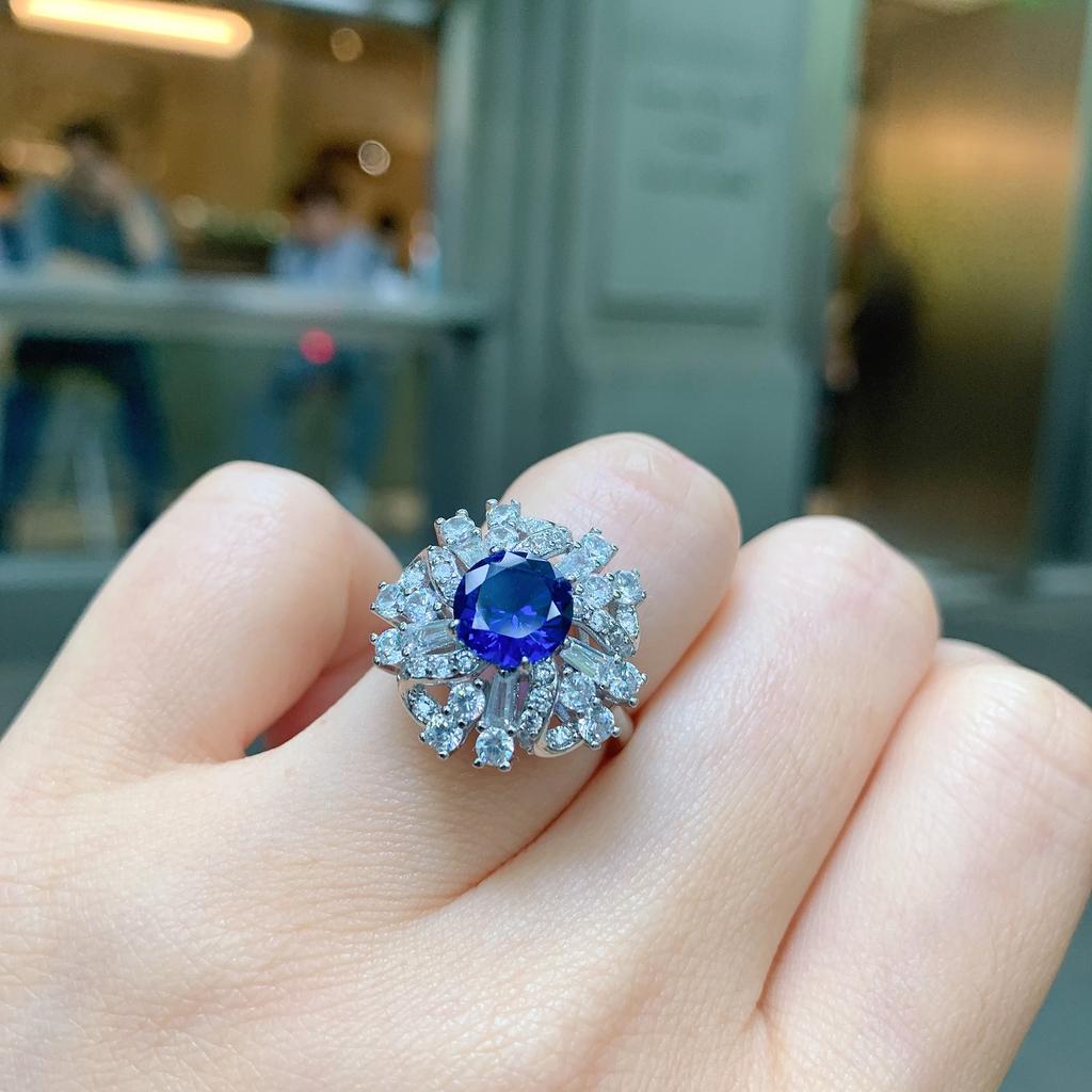 Jewelry Simulation Tanzanian Blue, Sapphire Retro Style Versatile Ring Shining Diamond-Set Women'S Ring