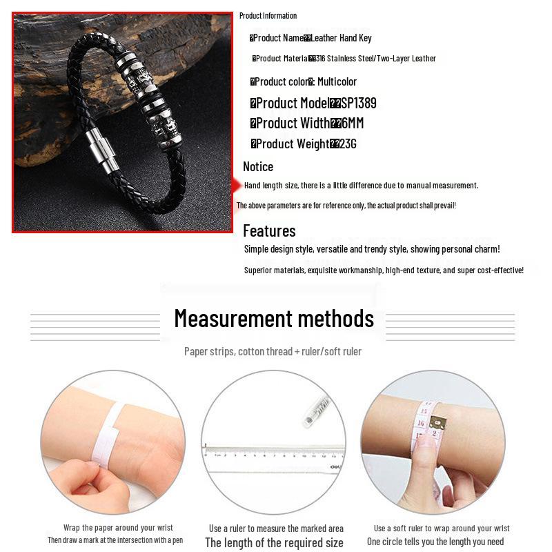 Cross-Border Stainless Steel Skull Leather Bracelet with Magnetic Buckle - Punk Hip Hop Style