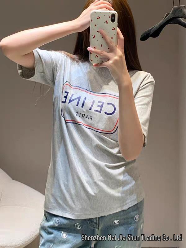 Nanyou Women's High-End Early Spring T-Shirt: CE Letter Print, Simple, Versatile, Short Sleeve, Pure Cotton, Loose Fit, Fashionable.