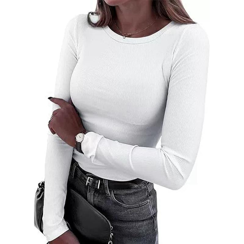 Damen Einfarbig Rundhals Gerippt Stretch Sweatshirt Langarm Oberteil