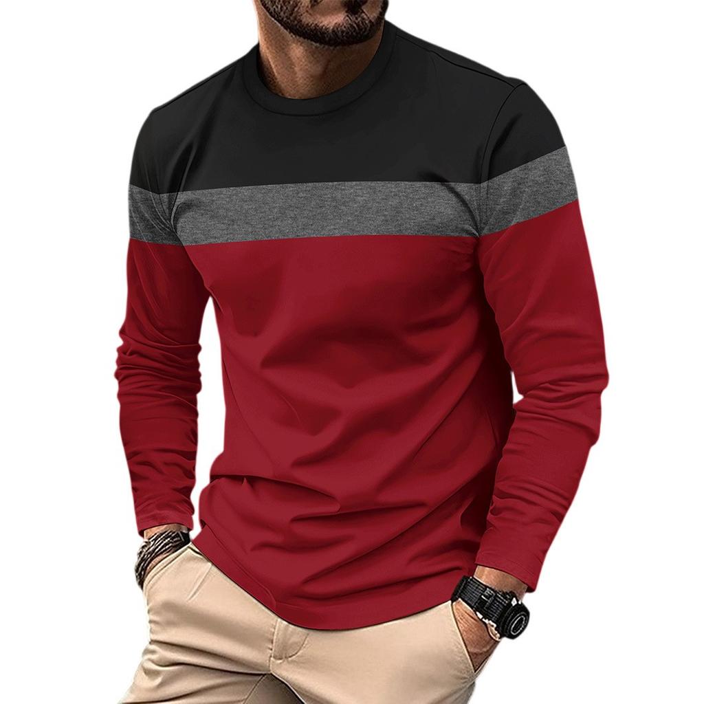 Men'S Outdoor Casual Loose Round Neck T-Shirt Color Block Long Sleeve Undershirt Spring Autumn Fashion Anti Wrinkle Pullover