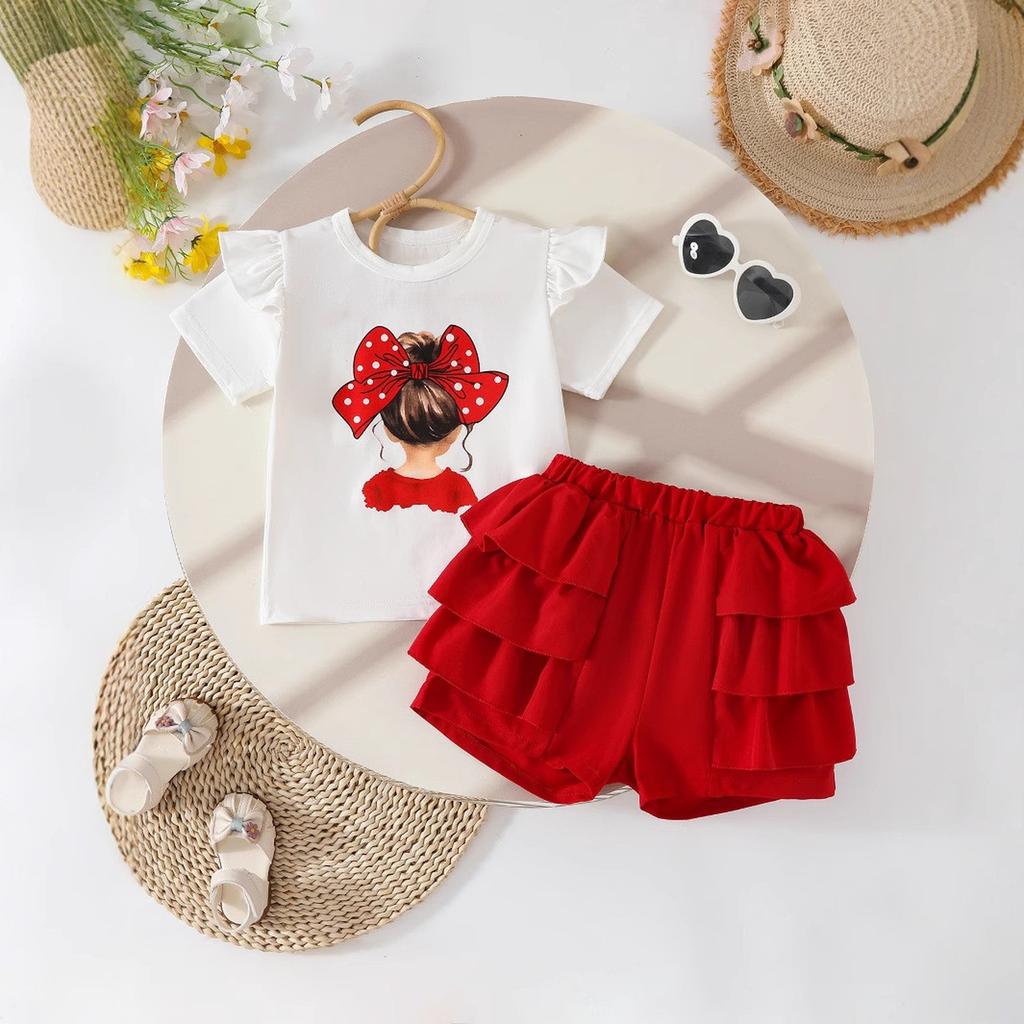 Girls Printed Sleeve T-Shirt + Ruffle Skirt Two-Piece Set
