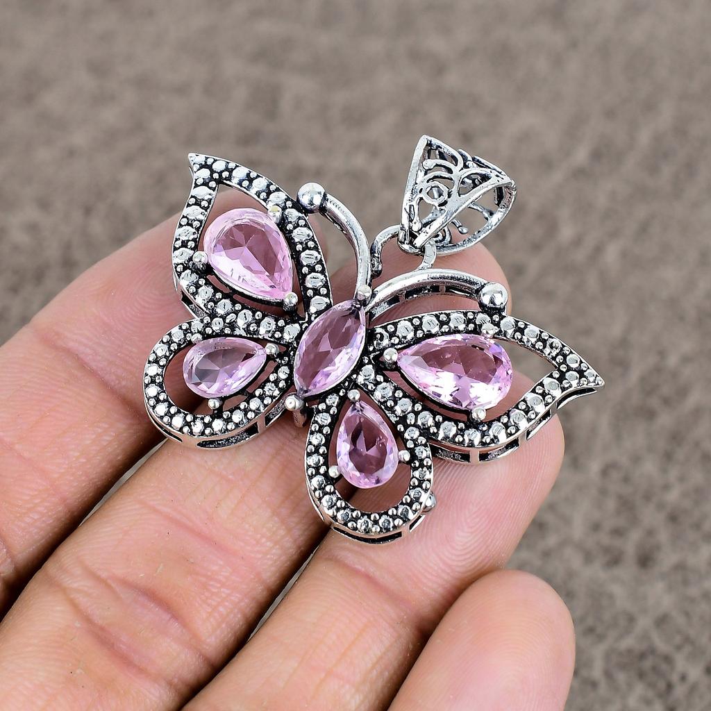 Pink Kunzite Gemstone Handmade 925 Sterling Silver Jewelry Pendant 1.65" KKG-86