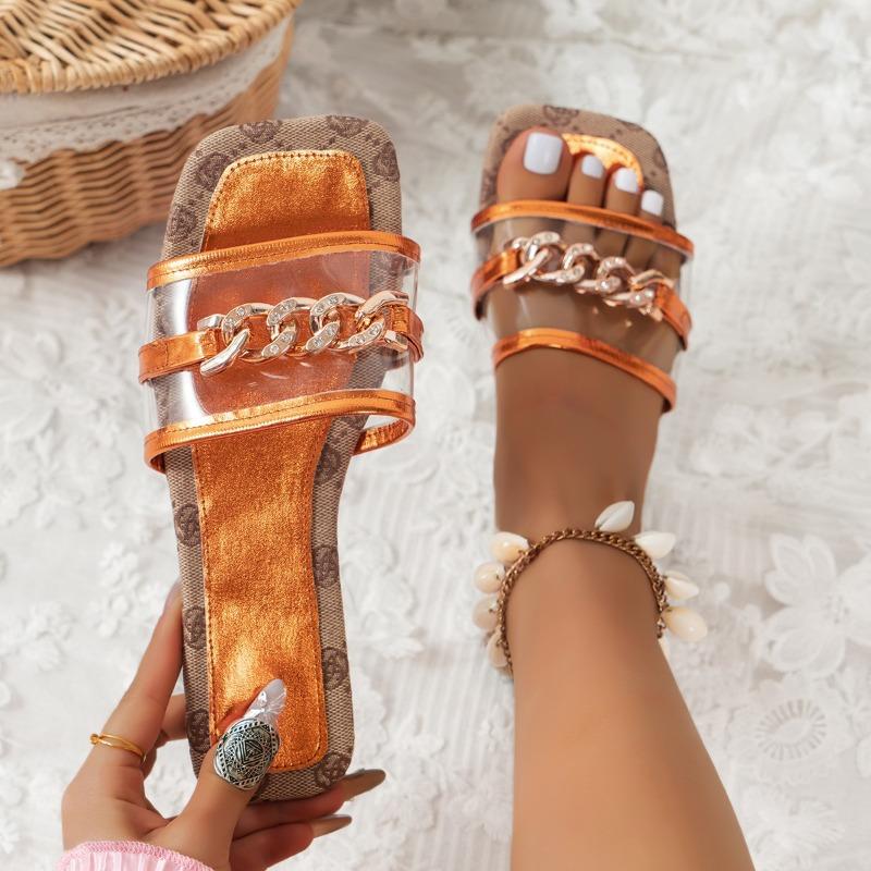 Large Fashion Metal Buckle Sandal Slipper Casual One Line Embroidery Women's Slippers