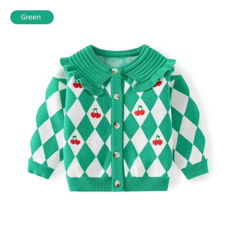 Children s Rhombus Small Cherry Knitted Jacket Emerald green 90
