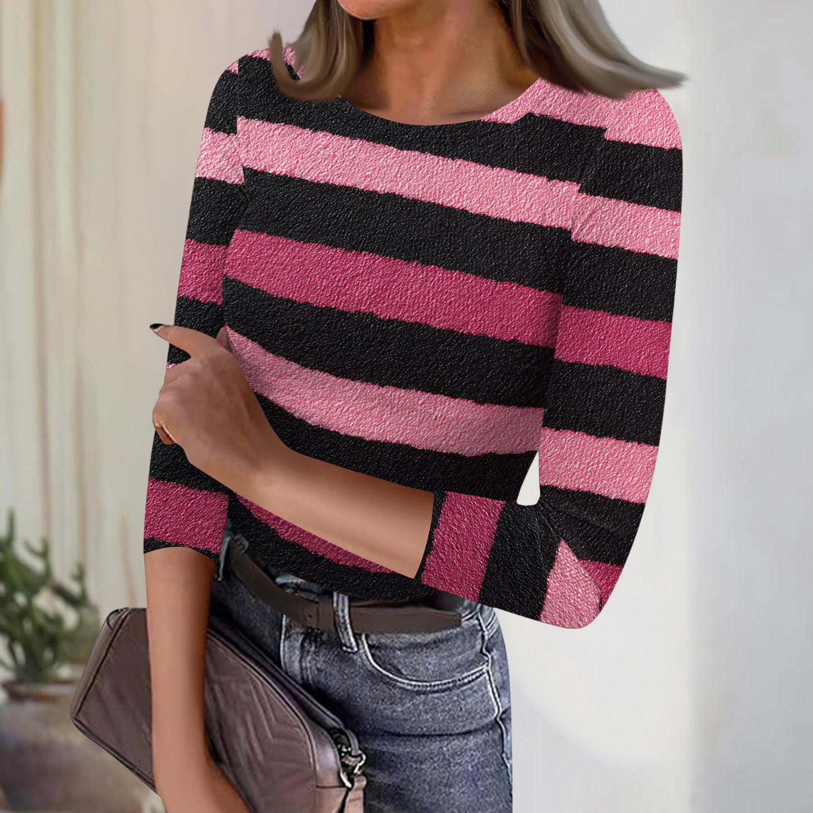 

Women s Casual Fashion Round Neck Striped Print Three-Quarter Sleeve Ribbed Top XXL рожевий