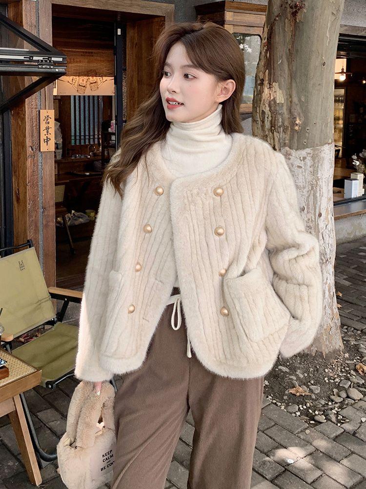 Winter  Faux Fur Coat Women Cotton-padded Double-breasted Thick Overcoat