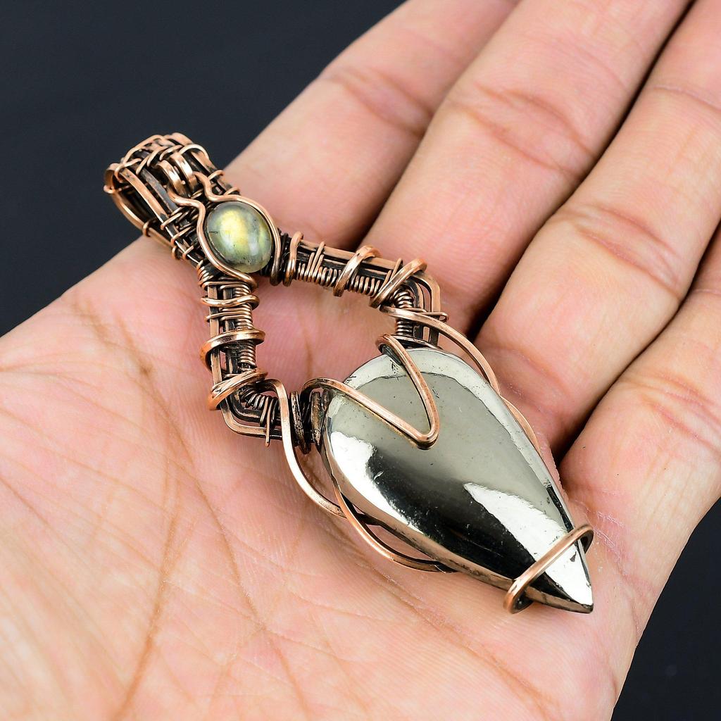 Gorgeous Golden Apache Pyrite Gemstone Pure Copper Wire Wrapped Handmade Pendant Jewelry