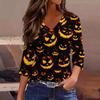 Damen Halloween Print V-Ausschnitt 3/4 Ärmel Lässiges Oberteil Leichter Weicher Stoff Lockere Passform Pulloverhemd für Saisonale Kleidung
