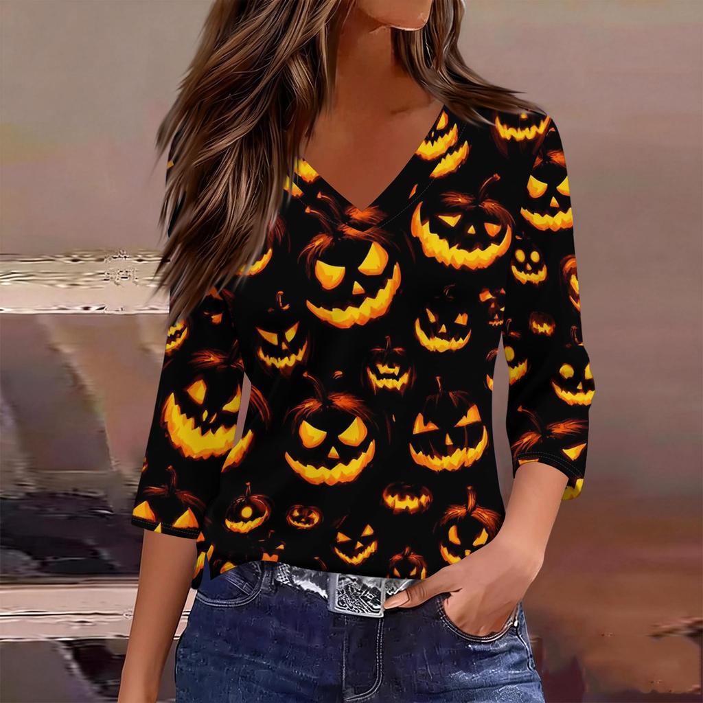 Damen Halloween Print V-Ausschnitt 3/4 Ärmel Lässiges Oberteil Leichter Weicher Stoff Lockere Passform Pulloverhemd für Saisonale Kleidung