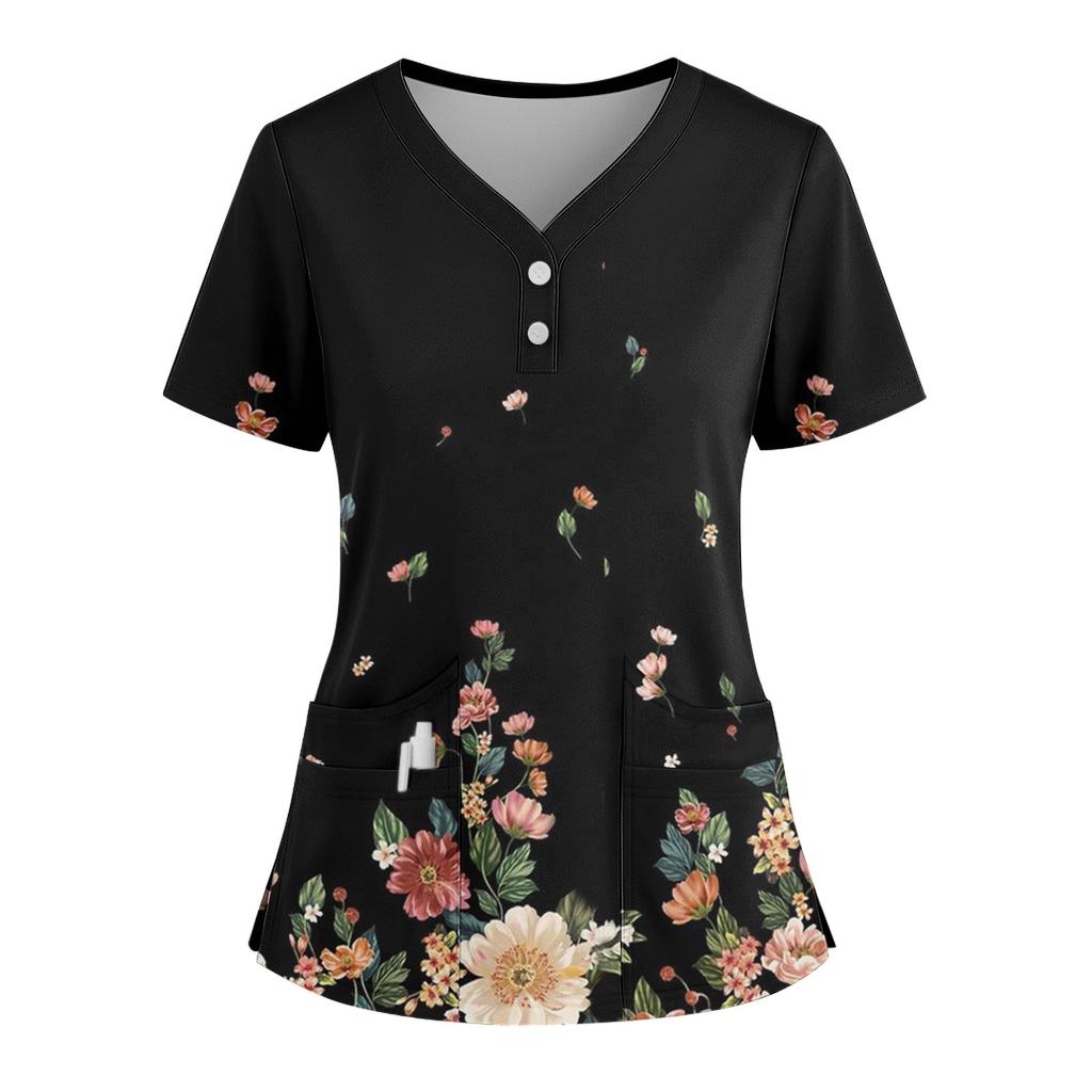 Women's Loose Short Sleeved Fashionable Flowers And Plants Printing V-neck Buttonable Side Slit Top T-shirt
