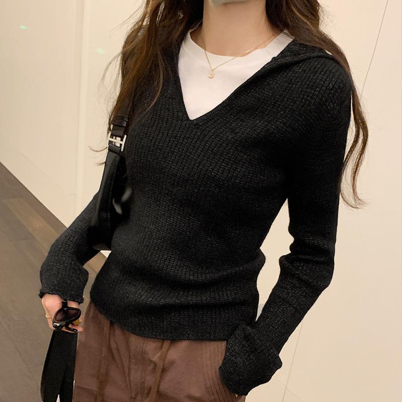 

Свитер с лацканами и длинными рукавами для женщин, новый стиль осени и зимы, V-образный вырез, нишевый внутренний топ с длинными рукавами, универсальный многослойный свитер One Size