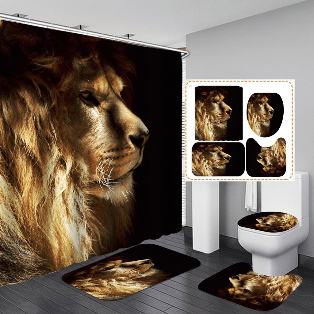 Seturi de perdele de duș din seria Lion 4 buc pentru baie Covoare de baie antiderapante Capac capac de toaletă Covoraș de baie