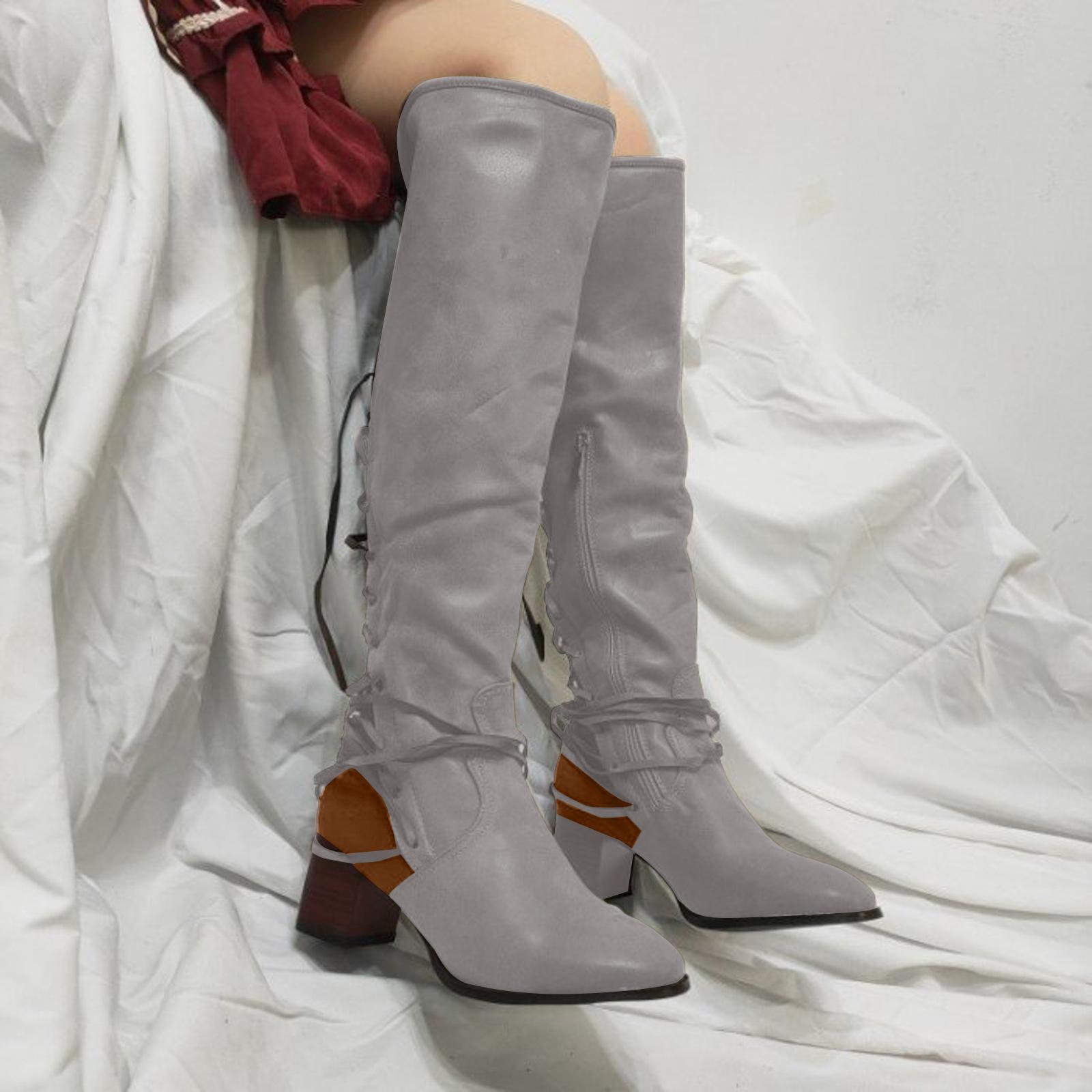 

Women s Chunky Heeled Lace Up Leather Boots With Pointed Toe And Knee High Boots Thigh High Boots for Women 9w 36 серый