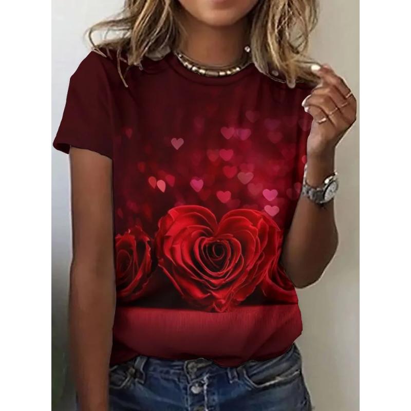 Flower Short Sleeve Fashion Women's Solid Color Flower Crew Neck T-Shirt 3D Flower Color Printing Crew Neck Short Sleeve Tees