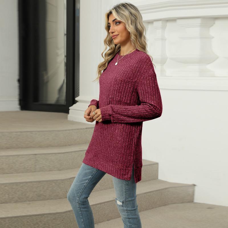 Autumn Winter Round Neck Pocket Hem Slit Loose T-shirt Solid Color Knitwear Pullover Top for Women