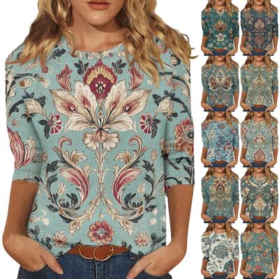 Women's Fashion Casual Seven Sleeve Vintage Printed Round Neck T-Shirt Top