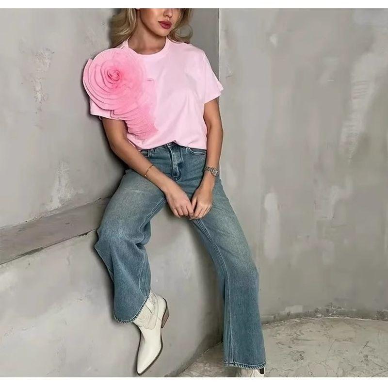Spring New Women's Clothing French Sweet Casual Easiest for Match O-neck Short Three-Dimensional Flower Pure Color Short Sleeve T-shirt