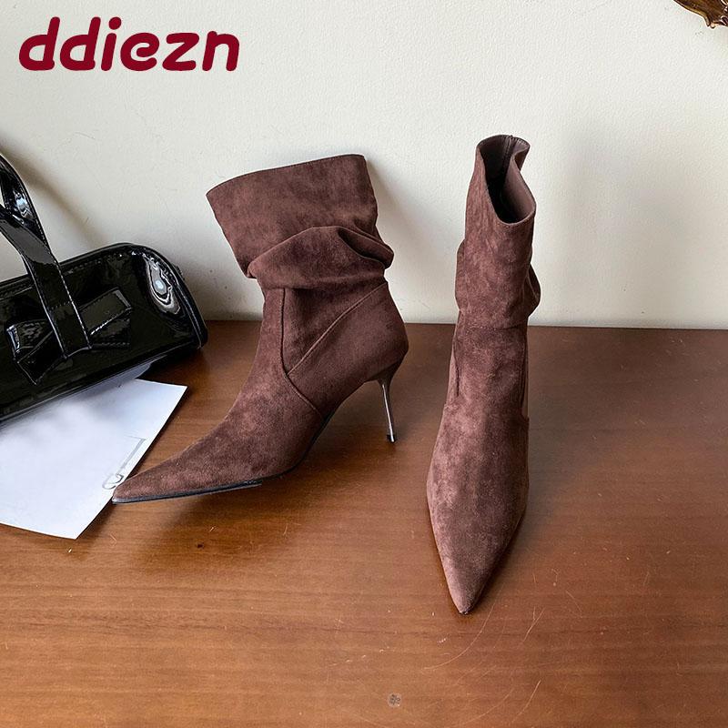 Fashion Elegant Women Ankle Boots With Thin Heels Shoes Pleated Fashion Pointed Toe Ladies Short Modern Boots Female Pumps Shoes lady