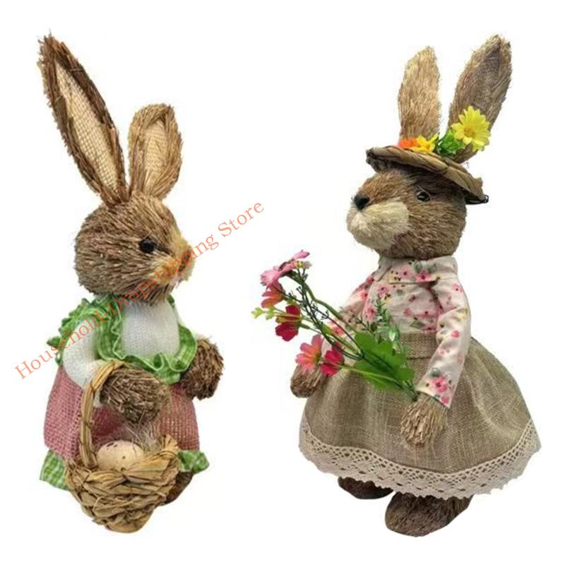 Easter Rabbit Figurine Decoration Handmade Natural Grass Woven Rabbit Ornament for Mantel Patios Festival Decoration