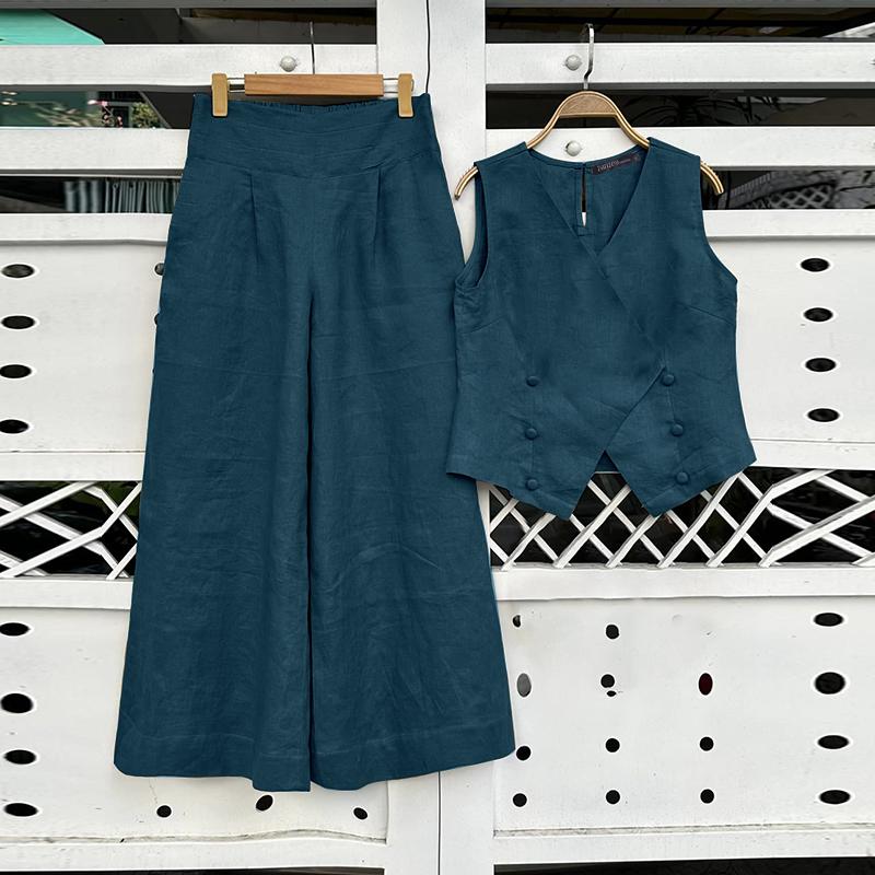 

ZANZEA Женские повседневные однотонные свободные топы без рукавов с v-образным вырезом и широкими брюками S темно-синий