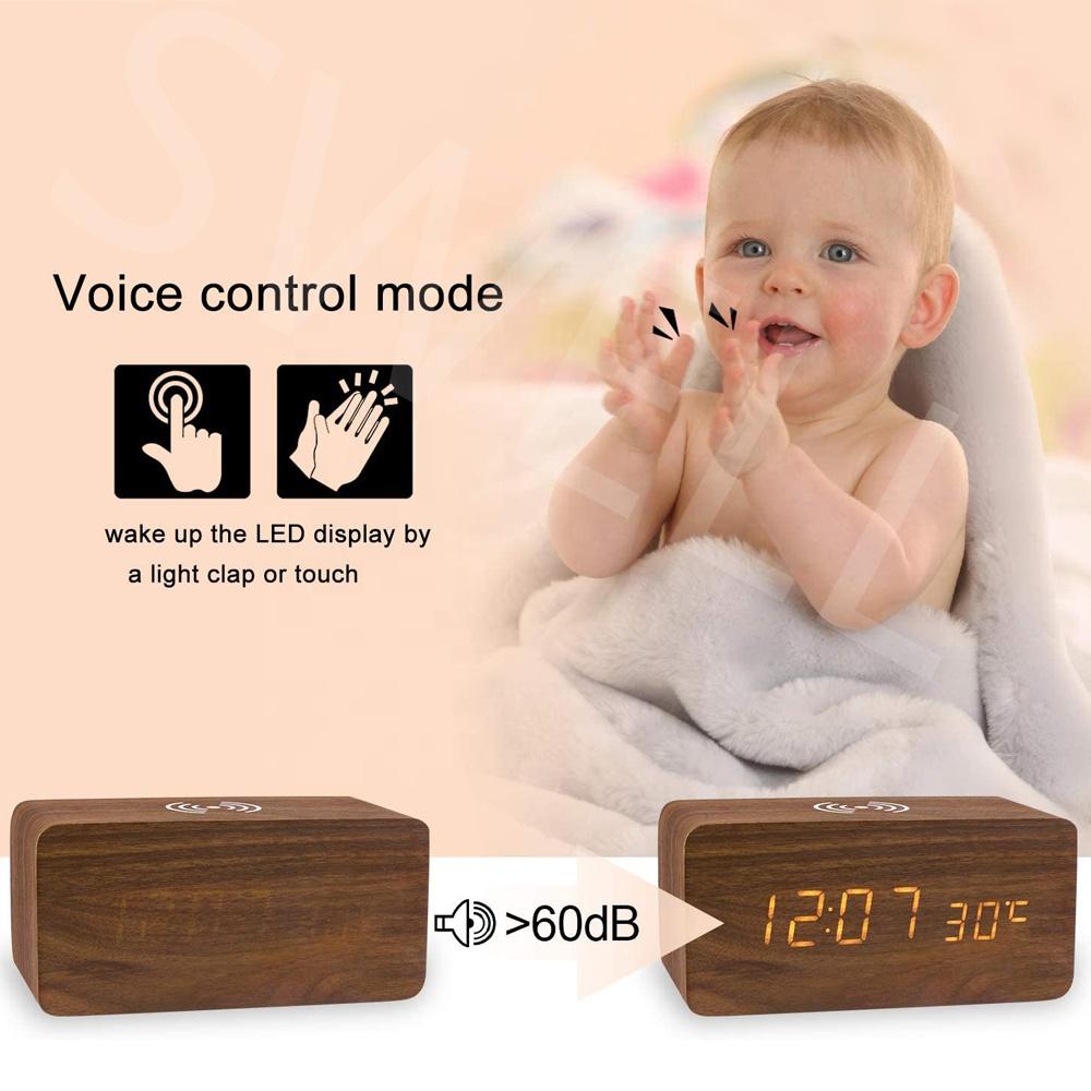 2022 Desk Sound Control Temperature Wireless Charger Wooden LED Alarm Digital Clock With Qi