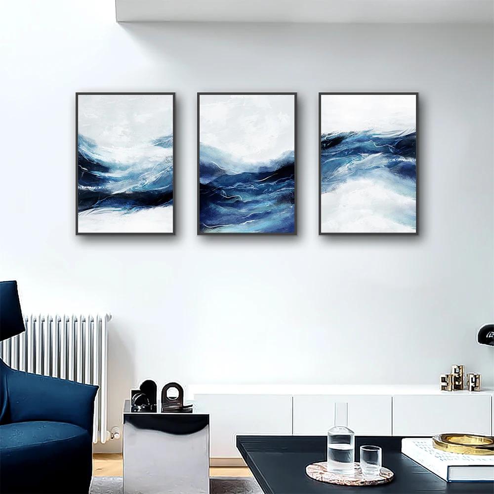 3-pcs Abstract White Black Blue Wave Poster Canvas Print Painting Wall Art Posters Bedroom Living Room Decoration Ideal Gifts