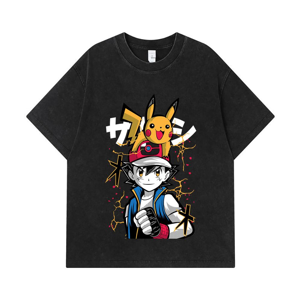 275 GSM Gewaschene T-Shirts 100% Baumwolle Pokemon V2 Ash Print Unisex Schweres Baumwoll-T-Shirt