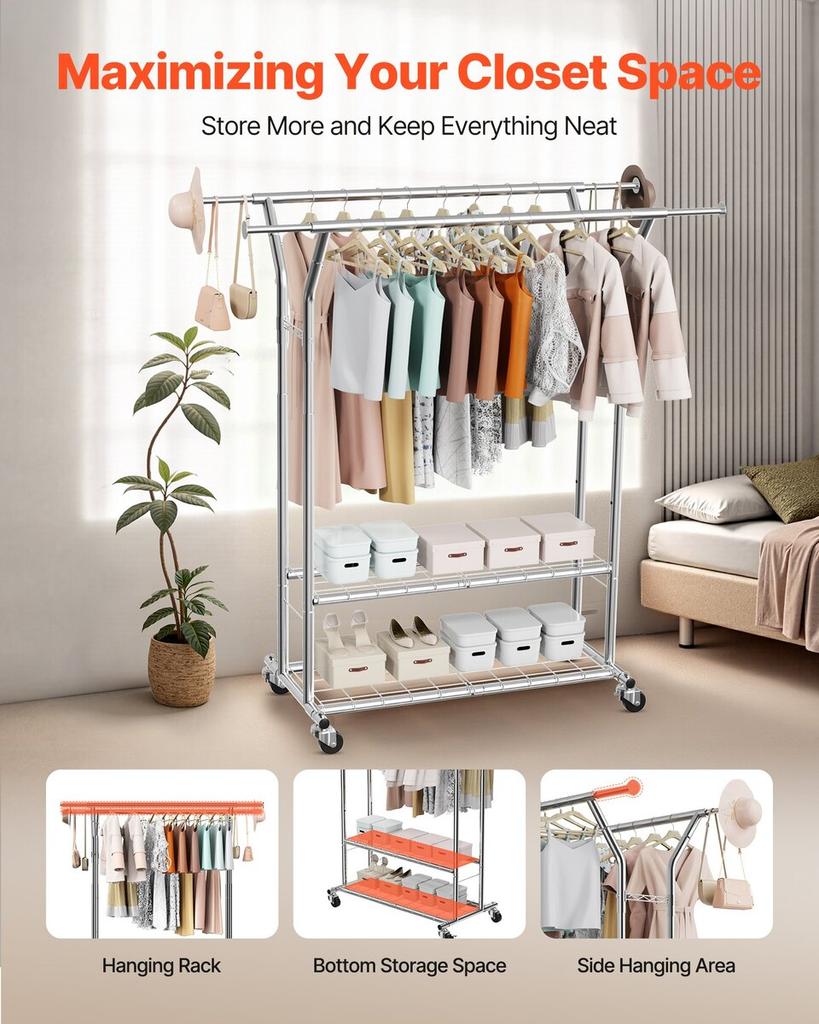 Clothes Rack, Rolling Clothing Garment Rack with 2 Hanging Rods and 2 Storage Shelves, 120 kg Load Capacity, Adjustable Height Carbon Steel Clothing