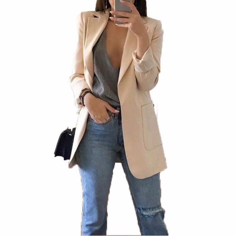 Women Solid Open Front Pockets Cardigan Formal Suit Long Sleeve Blouse Coat