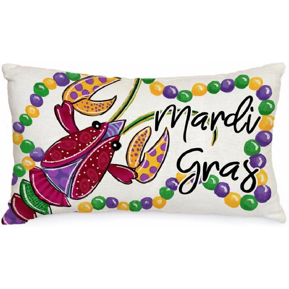 AACORS Mardi Gras Lumbar Pillow Cover 12X20 Mardi Gras Lobster Fleur De Lis Beads Decor Farmhouse Decorative White Cushion Case Home Decorations for