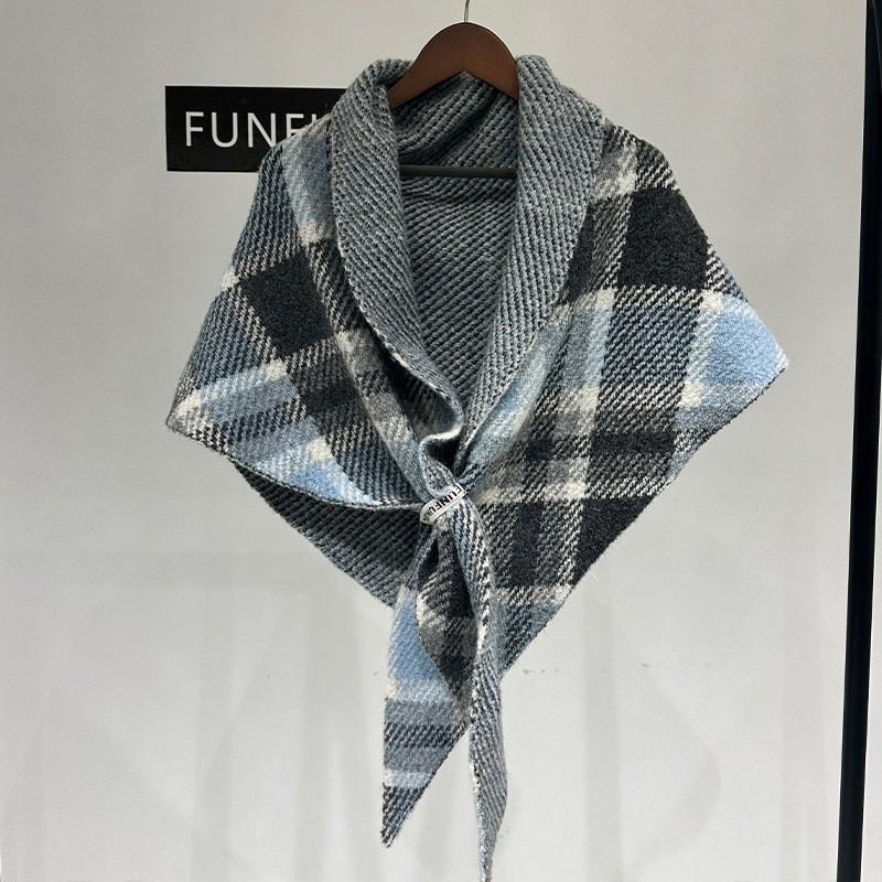 Womens Wool Blend Plaid Shawl Scarf With Color Block Design Warm Knitted Triangle Wrap Winter