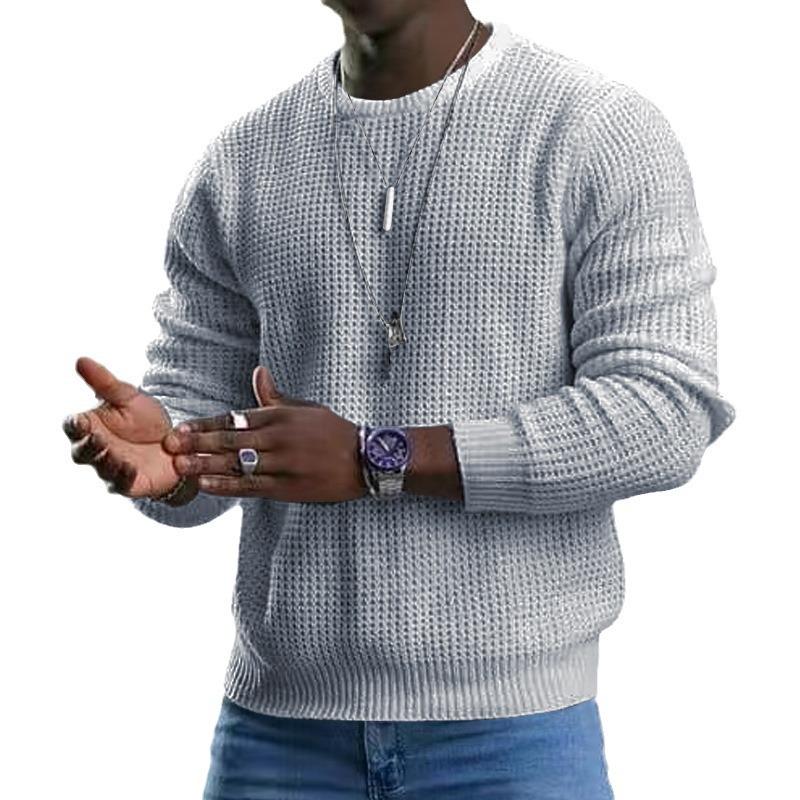 Autumn and Winter New Cotton Sports Men's Solid Color Waffle Crew Neck Pullover Knitted Sweater Tide