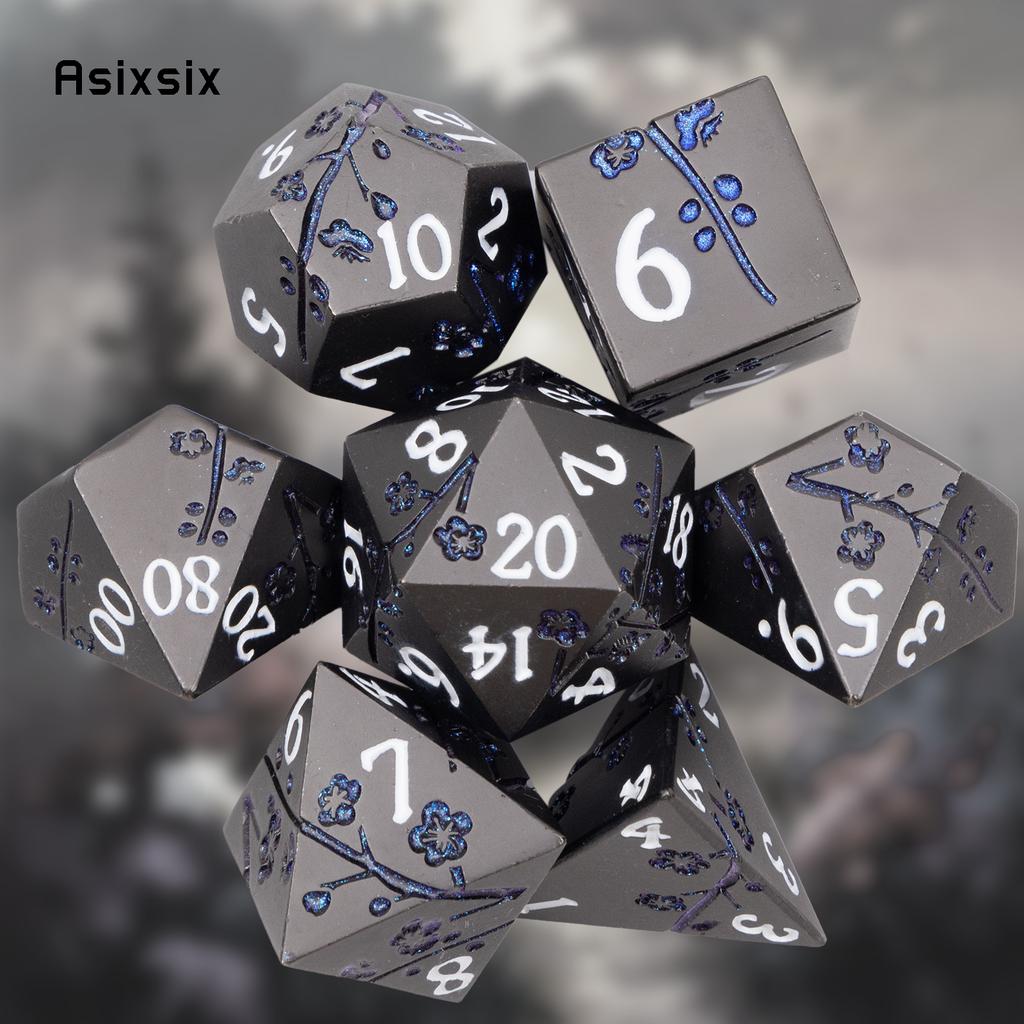 7 Pcs Black Flower Metal Dice Solid Metal Polyhedral Dice Set Suitable for Role-Playing RPG Board Game Card Game
